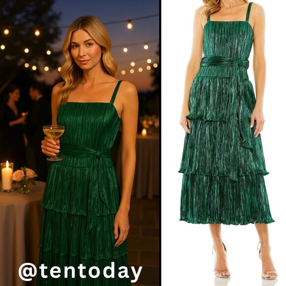 Mac Duggal 27062 Size 8 Emerald Green Metallic Tiered Cocktail Midi Tea Dress - Picture 1 of 6